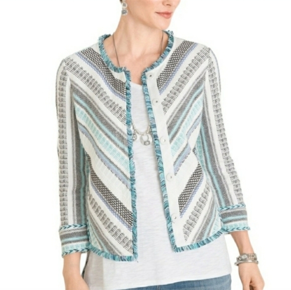 Chico's Structured Multi Stripe Patterned Cardigan Sweater 3/4 Sleeve Roundneck - Picture 12 of 14